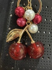 Red Cherry Purse Charm KeyChain Gold Plated Red Pink Ivory Glass Pearls Handmade
