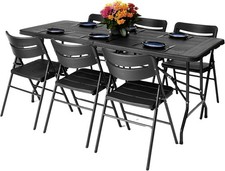 6ft Folding Table & 6 Chairs Set Indoor Outdoor Wood Grain Black