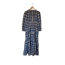 SHEIN Blue Plaid Tiered Maxi Dress Long Sleeve Smocked Waist Pockets XS
