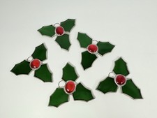 Lot Of 5 Stained Glass Red Green Holly  Berries Ornaments Christmas