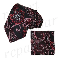 New  Men's Micro Fiber Neck Tie & Hankie Set Floral Flowers Black Red wedding