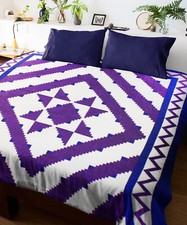 Patchwork Imperial Purple Log Cabin Star FINISHED QUILT - nice feather quilting
