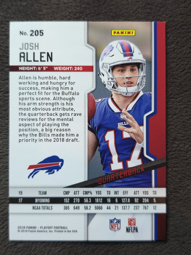 Josh Allen 2018 Playoff Redzone RC #205 Bills Sharp Pack Fresh 3082 - Bild 2 von 2