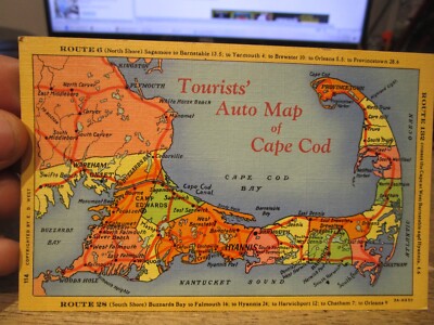 O9 Old MASSACHUSETTS Postcard Auto Map of Cape Cod Buzzards Bay Falmouth Hyannis
