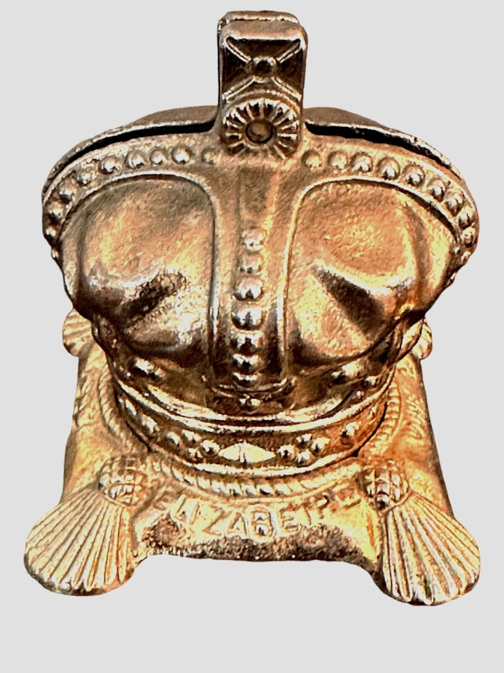 Vintage Queen Elizabeth II Coronation Crown Cast Iron Coin Bank - England - Image 4 of 4