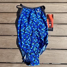  TYR Durafast Elite Women's Team Check  Swimsuit Diamondf Blue Sz 28 New