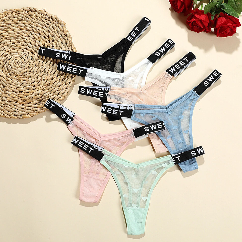 Sexy Women Lace Thong Pearl Sequin G-string Panties LingerieUnderwear Crotchles↔ - Image 3 of 4