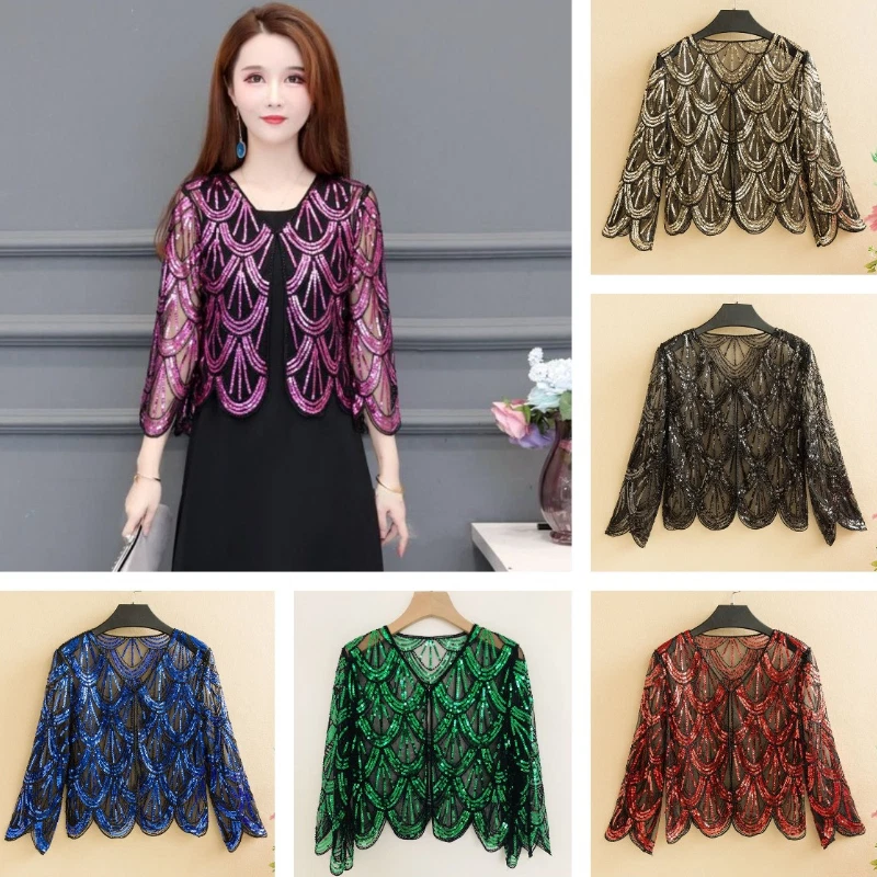 Lady Sequin Cropped Cardigan Mesh Glitter Bolero Jacket 3/4 Sleeve Top Cape Chic - Image 2 of 4