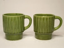 Vintage  1960's  Green  Stackable Ceramic  Mugs  Made In Japa n  Set Of 2