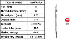NGK Glow Plug Y8008AS – 97199 Single Premium Diesel Glow Plug, Made In Japan