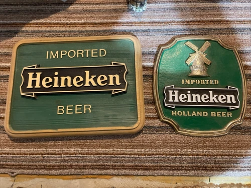 2 Vintage Plastic Heineken Signs Wall Mount Imported Holland Beer