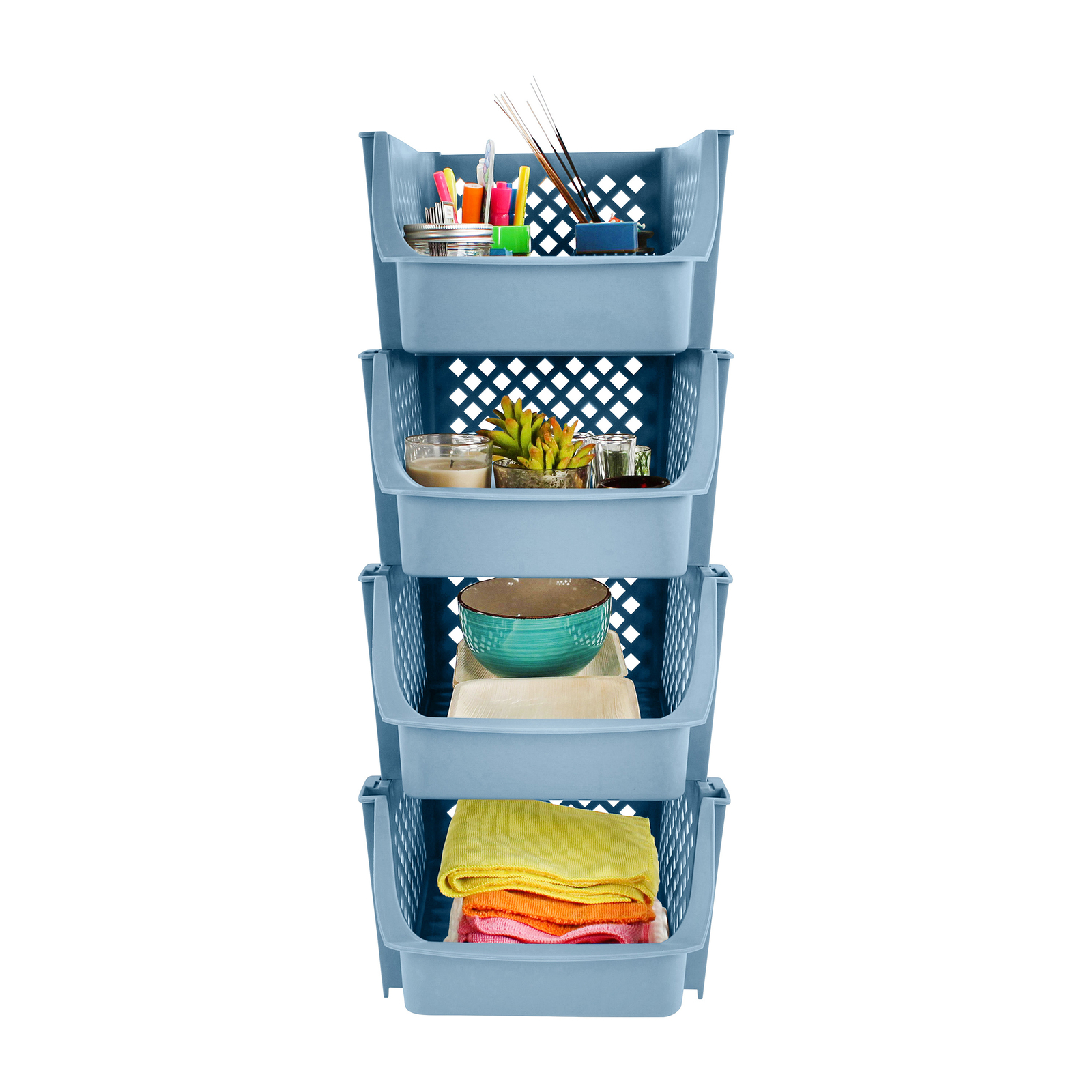 Spec101 Plastic Stackable Storage Bins 4pc Blue Pantry Closet
