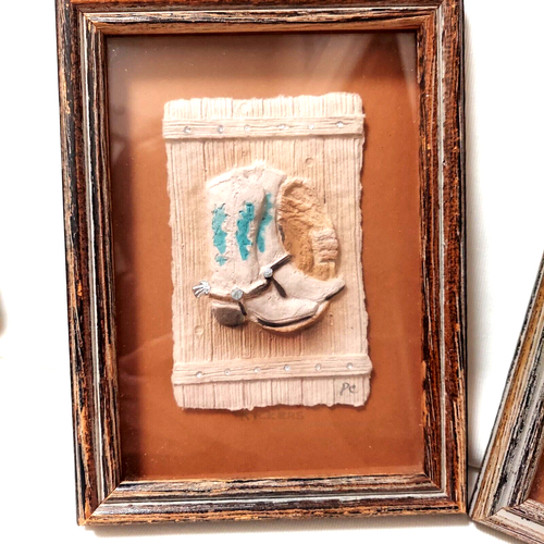 2 Vtg Figi Graphics Hand Cast Pressed Paper Art Framed Signed Western 6" x 8" - Picture 3 of 11