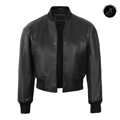 Womens Black Sheepskin Leather Cropped Bomber Jacket Slim Fit Casual