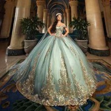 Sage Green Quinceanera Dresses Sweetheart Neck Gold Applique Prom Gowns Sweet 16