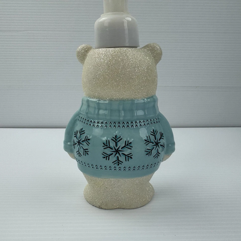 Bath & Body Works Oso Polar Dispensador de Jabón Suéter Azul Cerámica Brillo RARO Foto 4 de 4