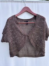 Brown Open Knit Short Sleeve Bolero Cardigan Sweater Cropped One Button Small
