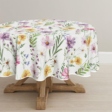 Spring Summer Tablecloth 70X70 Inch Round, Yellow White Purple Daisy Floral Tabl