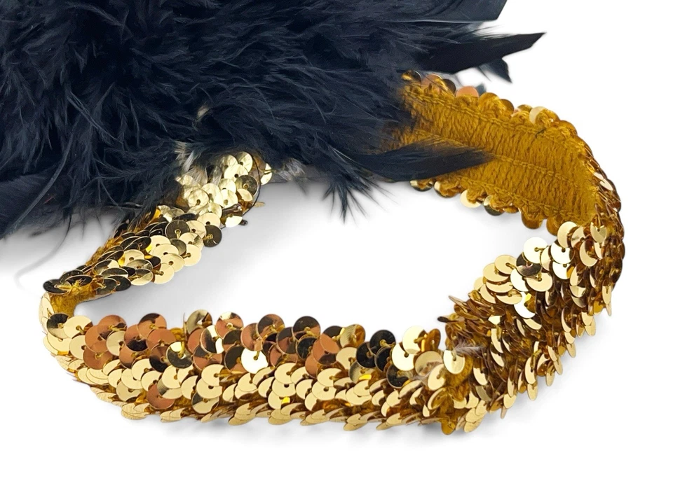 Disfraz de Bailarina Burlesca Vintage Diadema Lentejuelas Doradas Plumas Negras Foto 2 de 4