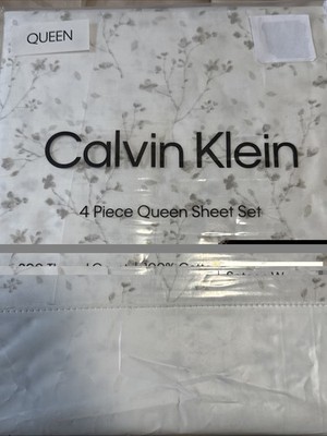 Calvin Klein 300 TC Queen Sheet Set 4 Piece Floral Branches Sateen Weave White