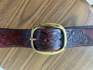 Medieval Celtic Embossed Leather Belt Tooled Renaissance Knight Brass Buckle 40”