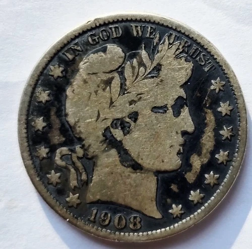 1908-O Silver Liberty Head Barber Half Dollar 50c US Coin Circulated Ungraded