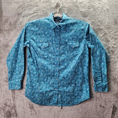 Vintage Cowboy Equipment 4Her Western Shirt L Blue Paisley Pearl Snap Made USA