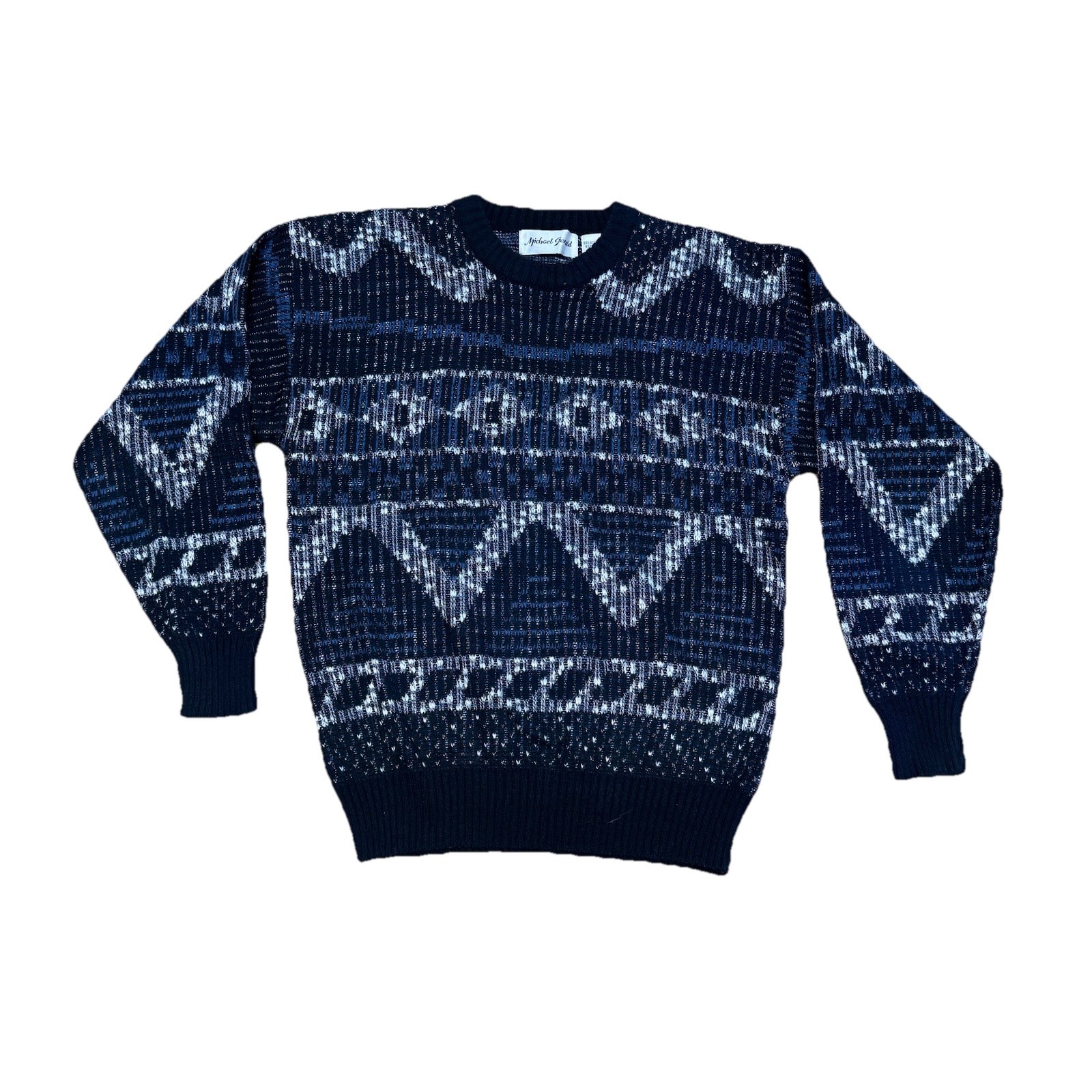 Vintage Mens Pullover Sweater Blue Gray Black Crew Neck Long Sleeve M 90s