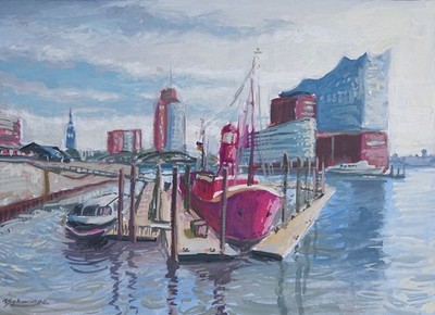 Hamburger Hafen,20x30 cm.Feuerschiff und Elbphilharmonie,Skizze,Malerei,Bild