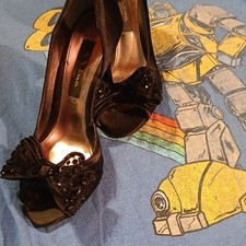 Nina Black Satin Peep Toe Pumps with Bow and Beaded Accents for Women