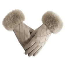 Women's Winter Suede Gloves with Fur Cuffs, Soft, Warm, Touchscreen, Beige 2025