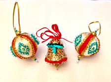Vintage Push Pin Sequin Beaded Satin Ball Bell Christmas Ornaments Lot of 3