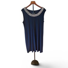 Classy R & M Collection Navy Blue Sleeveless Rhinestone Neckline Shift Dress 16