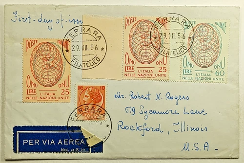 1956 FDC Italy in the United Nations First Day Airmail Cover SG #940-941