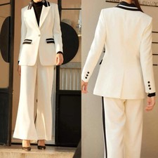 Women Contrast Suit Peak Lapel Single Button Blazer Side Stripe Pants