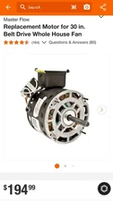 Master Flow Replacement Motor for 30 in. Belt Drive Whole House Fan