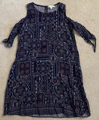 love, FIRE Blue Geometric Round Neck Cold Shoulder 3/4 Sleeve Shift Dress, L