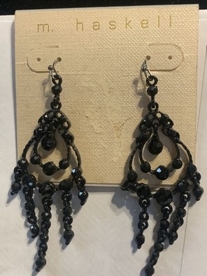 Vintage New Never Worn M. Haskell Black Chandelier Rhinestone Long Earrings