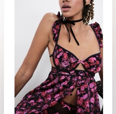 For Love & Lemons Lola Babydoll  Dress - Floral Black Pink XXS