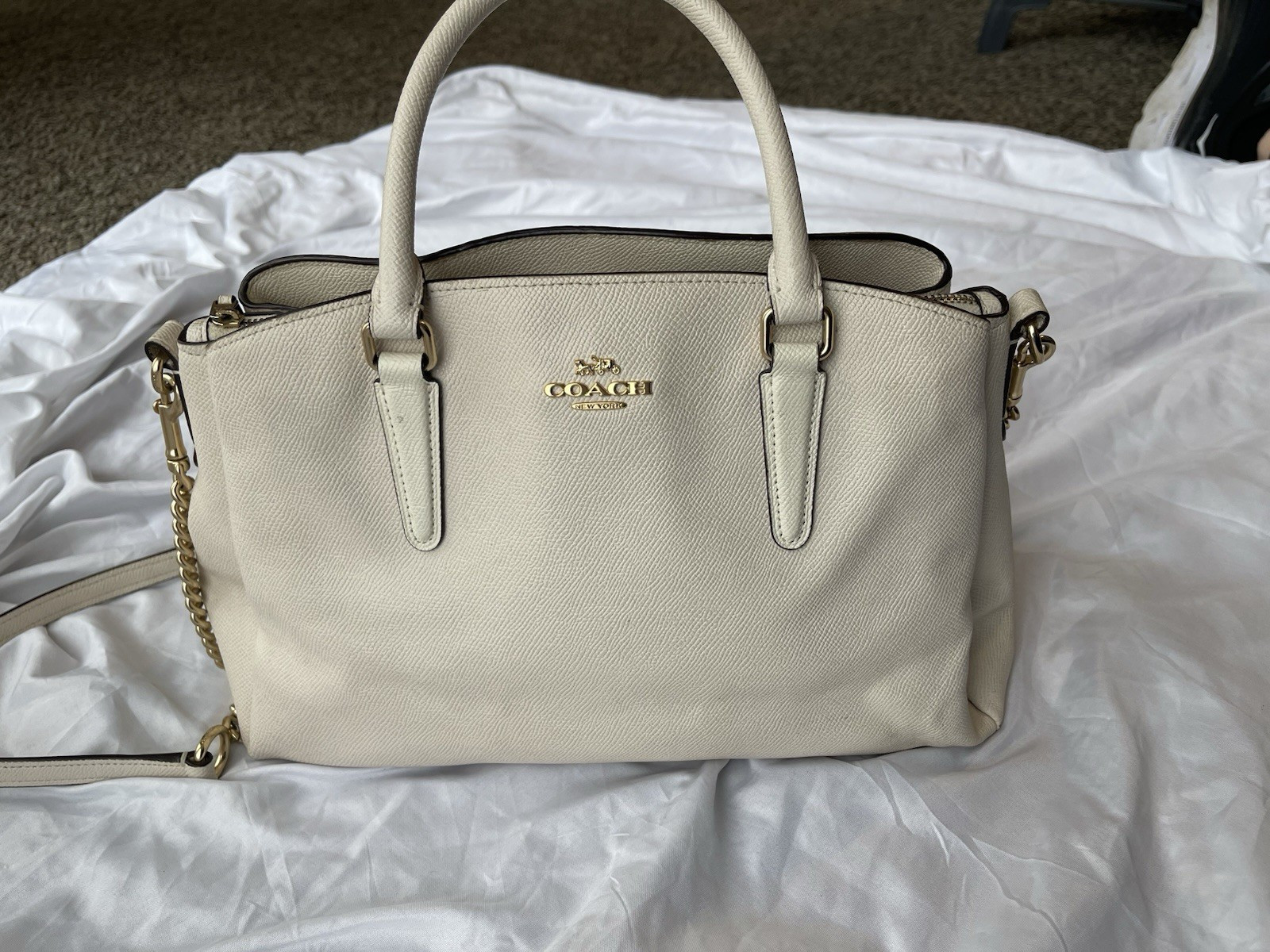 Coach Ivory Pebbled Satchel Top Handle Zip Bag Detachable Strap Gold Medium