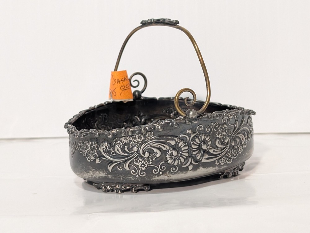 Antique Art Nouveau Silver Plated Footed Bowl w/Handle Floral Design - Thumbnail 4