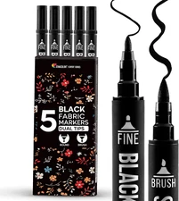 5 Dual-Tip Black Fabric Markers Permanent Clothes Fabric Paint Pens Textiles