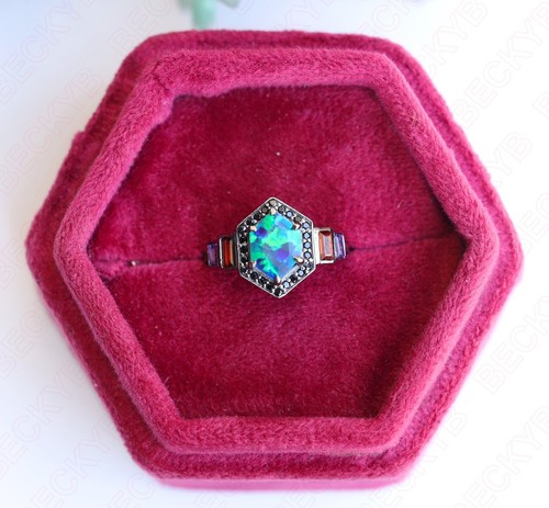 Anillo de compromiso hexagonal pavo real ópalo plata 925 negro enchapado en rodio Art Deco - Imagen 6 de 6
