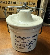 VTG Kaukauna Klub cheese spread crock with lid and wire bail closure