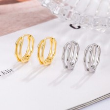 Women Girl 925 Silver Plated Geometric Double Line Hoop Huggie Earrings 12mm PE5