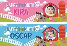 2 Personalised Birthday Banner Photo Children Baby Farm Animal Party Decoration