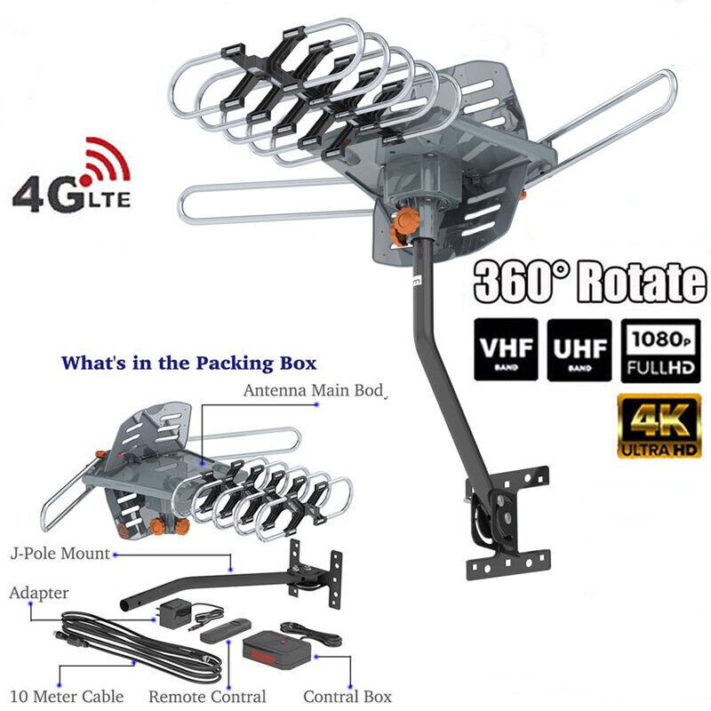 990 Mile Outdoor TV Antenna Motorized Amplified V/UHF HDTV 1080P 4K 360° Rotate