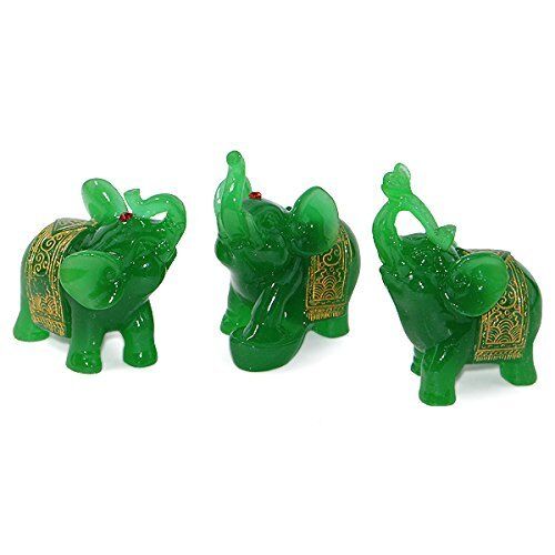 Feng Shui Set of 3 Green Jade Elephant Trunk Statues Wealth Figurine Home Decor - Picture 1 of 5