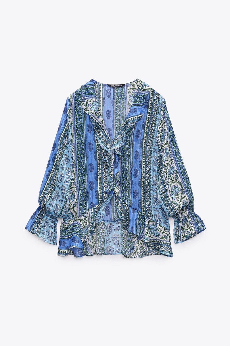 Zara Blouse Womens Blue Green Paisley Floral Ruffle NEW 8351