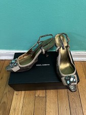 Dolce & Gabbana Floral Brocade Crystal Embellished Sling Back Heels, US Size 8.5